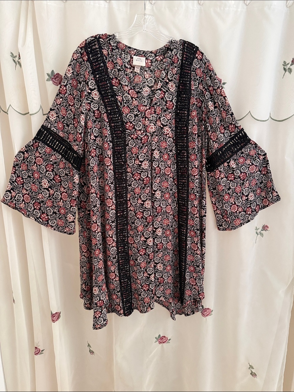 Knox Rose Flowy Black Floral Midi Dress with Maroon Rose Print with Bell Sleeves